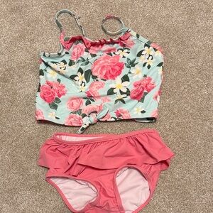 Ruffle Butts Mint Floral & Coral Pink Girls Two-Piece Swim Set